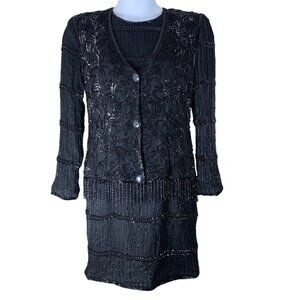 Vintage Dress Size Small Jennifer by KVM Black Beaded Silk Shoulder Pads